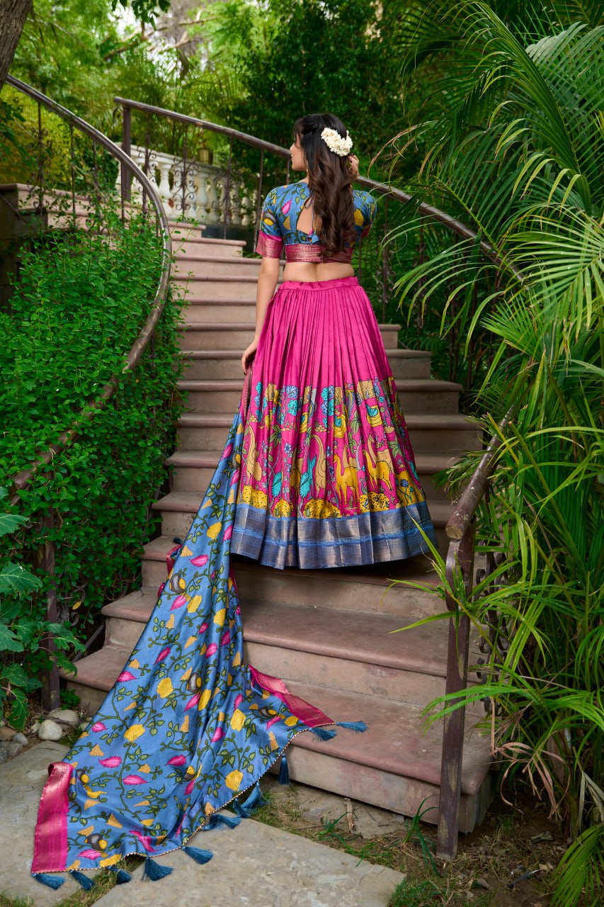 New Dola Silk Lehenga Choli Kalamkari Print With Zari Weaving Border | Ready To Wear