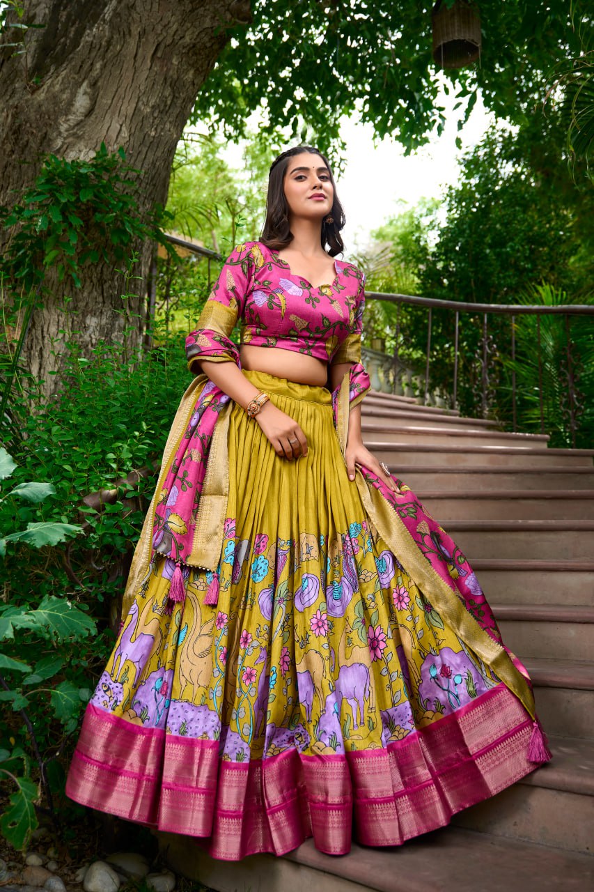 New Dola Silk Lehenga Choli Kalamkari Print With Zari Weaving Border | Ready To Wear