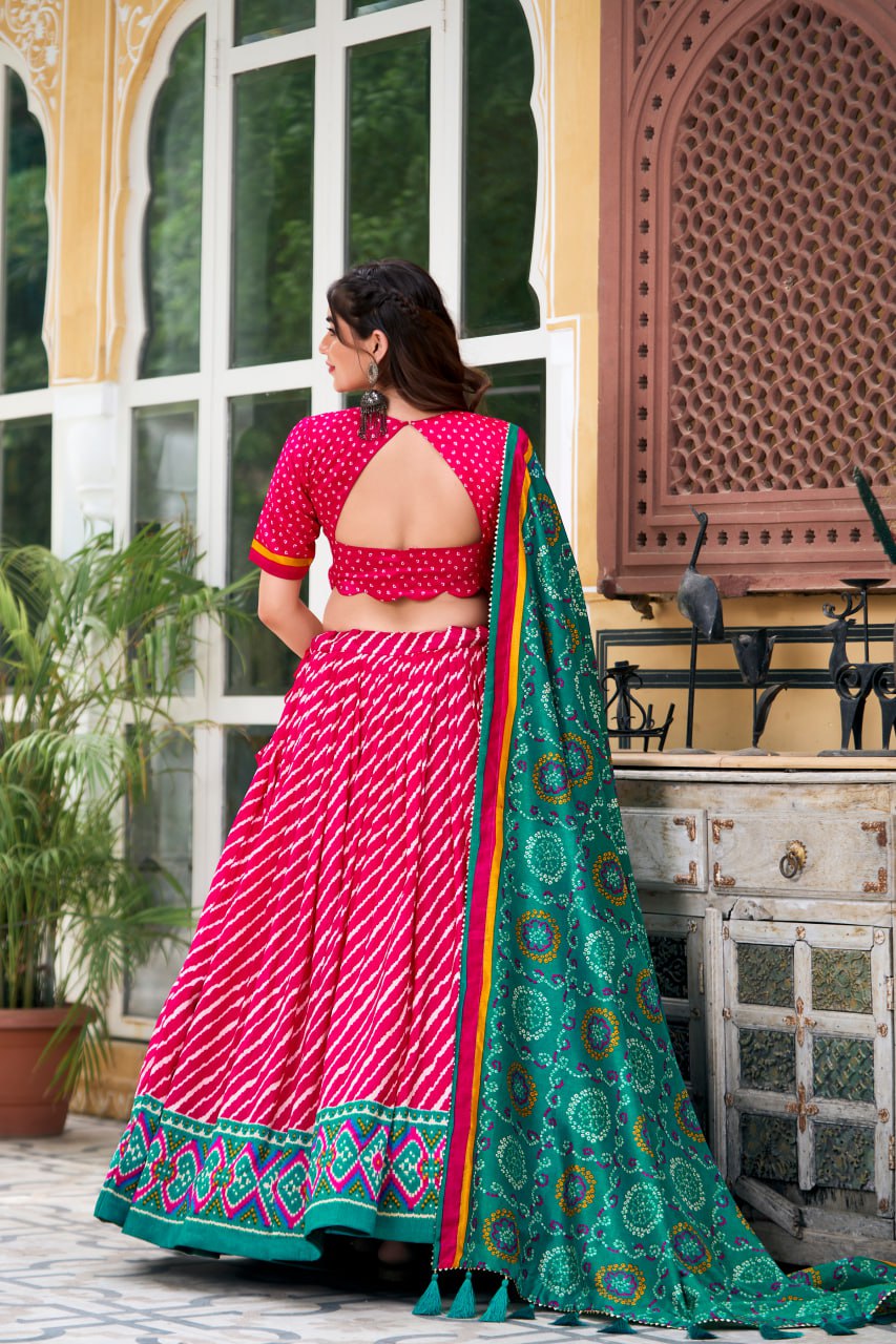 New Tussar Silk Lehenga Choli Leheriya With Patola Print Border  | Ready To Wear