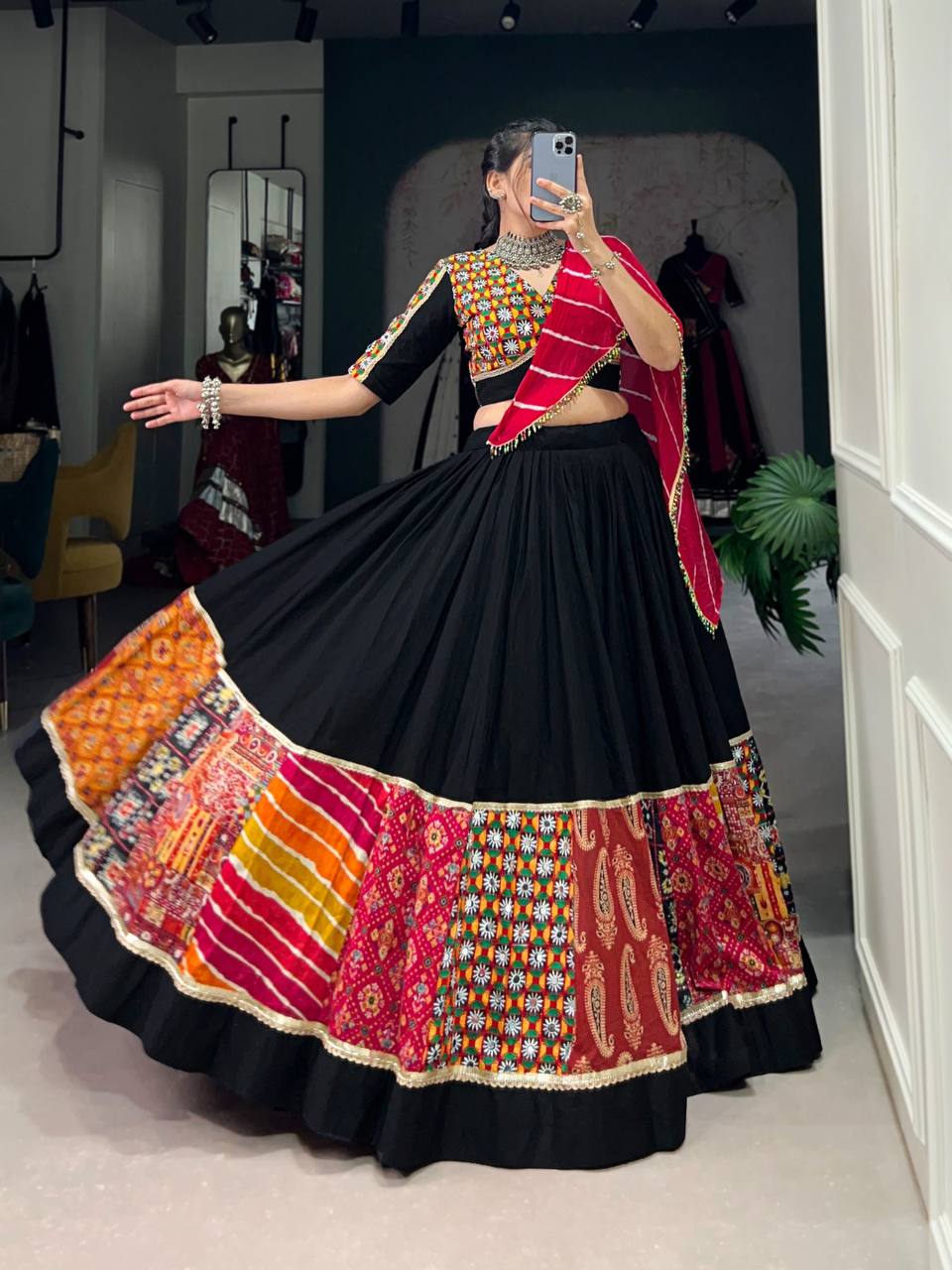 Alluring Black Plain And Printed With Original Mirror Gamthi Work | Navratri Collection September