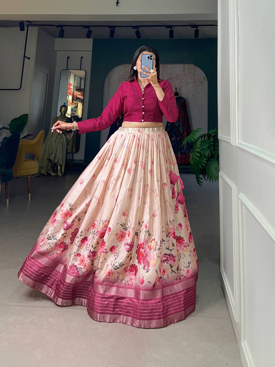 Raj Gharana:- Floral Print With Sequins and Zari Border