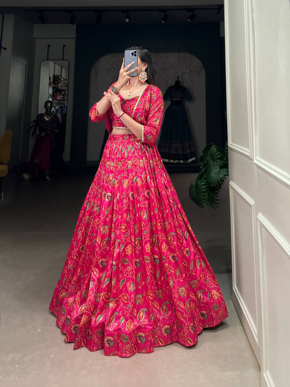 Red Tussar Silk Floral Print Wedding Lehenga With Blouse & Koti