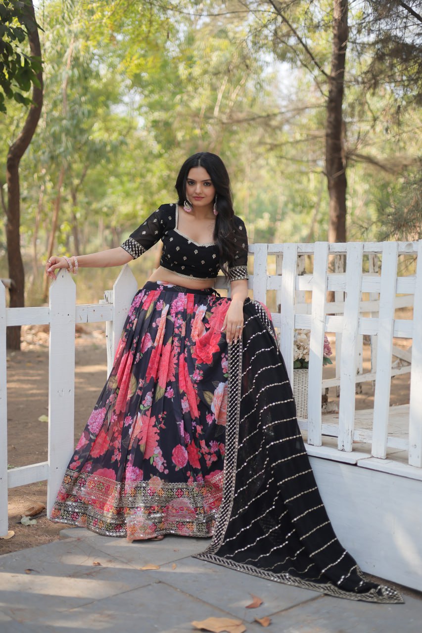 Black - Pink Digital Printed Faux Georgette Lehenga Choli With Heavy Sequins