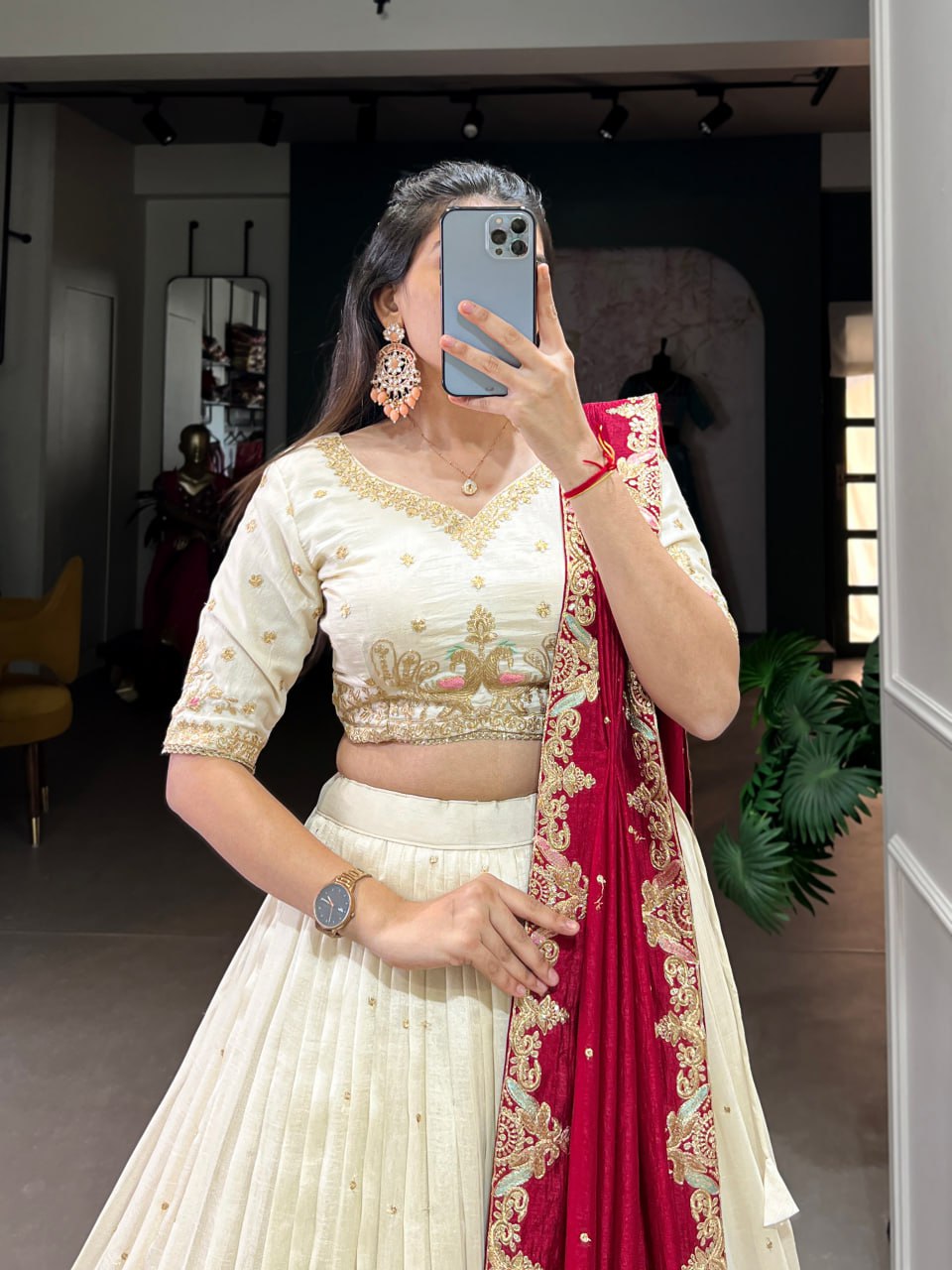 Beautiful Off White Lehenga Choli With Sequins and Thread Embroidery | Ready To Wear