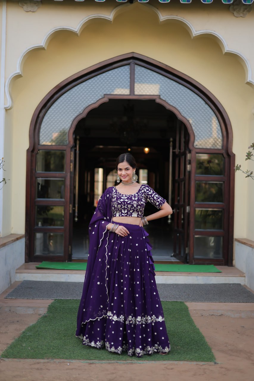 Purple Faux Blooming Georgette Lehenga With Heavy Sequins Embroidered Work