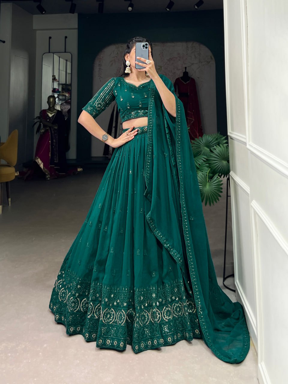 Green Georgette Sequins and Thread Embroidery Work Lehenga Choli