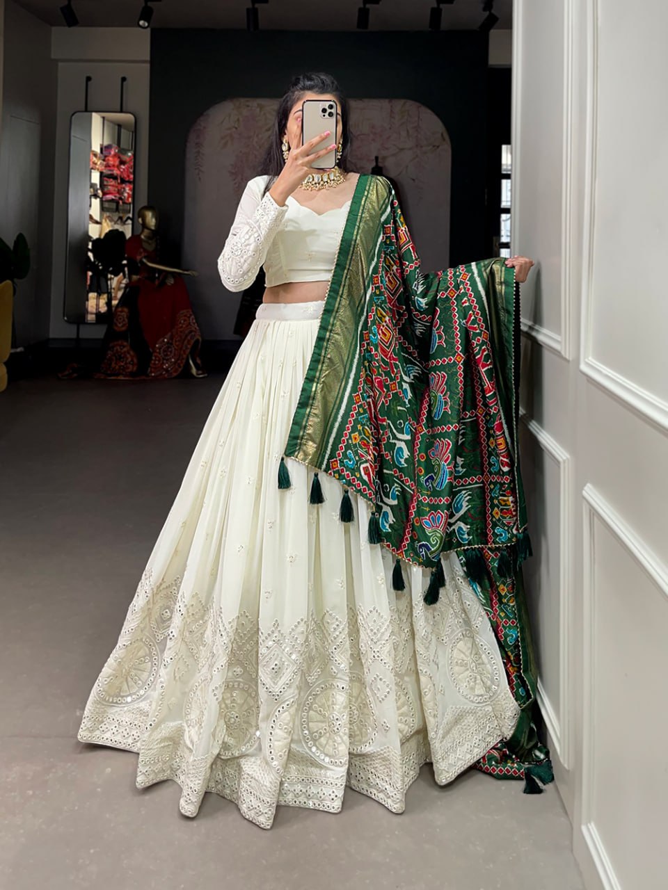 Pearl White Lucknowi Paper Mirror Work Lehenga Choli