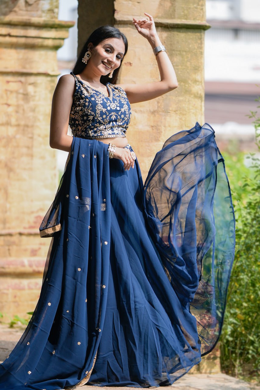 Navy Blue Georgette Sequins and Thread Embroidery Work Lehenga Choli