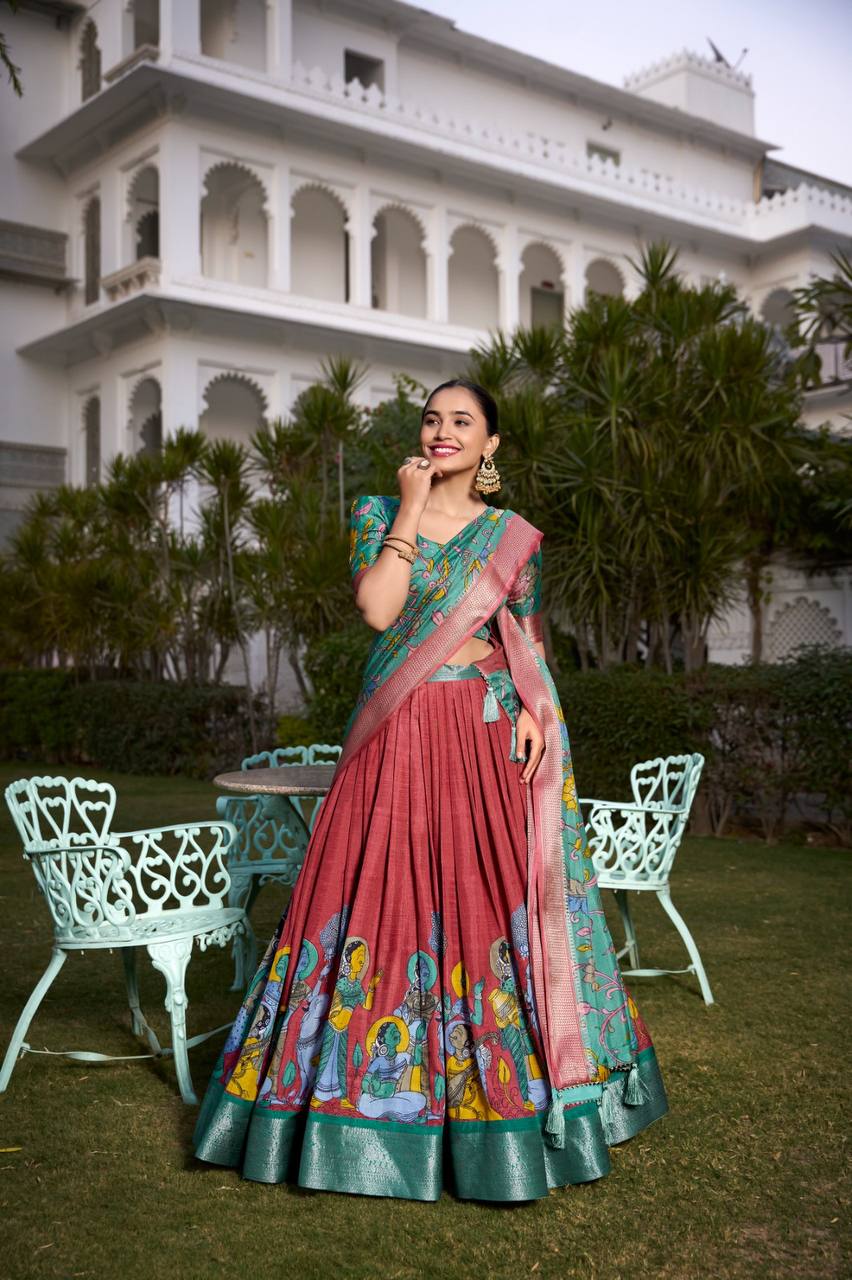 Wedding Lehenga Choli Printed Kalamkari With Zari Weaving Border | Ready To Wear