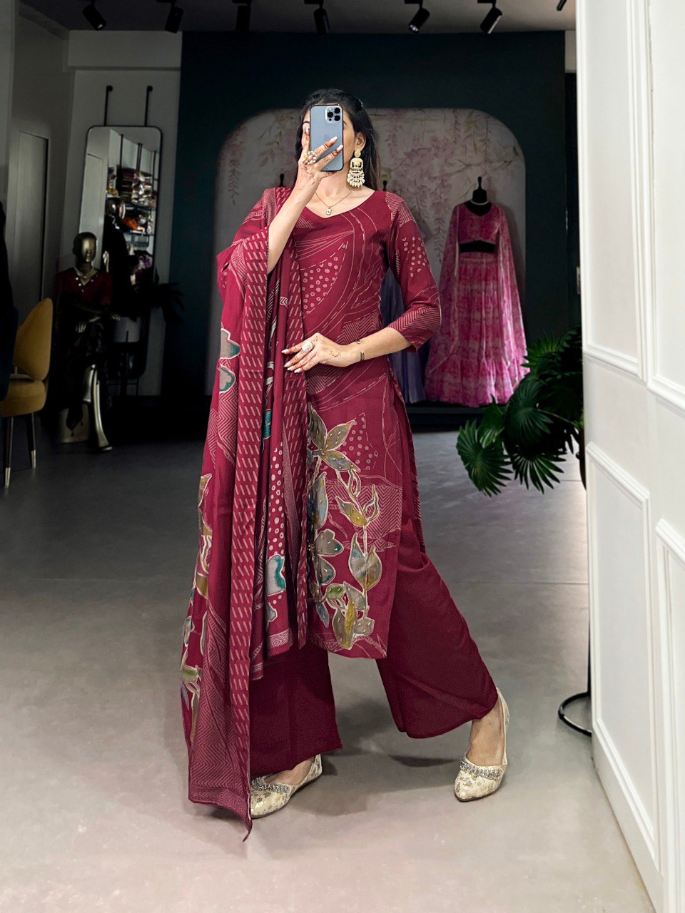 Roman Silk Salwar Suit Foral Print With Beets Handwork  | Ready To Wear