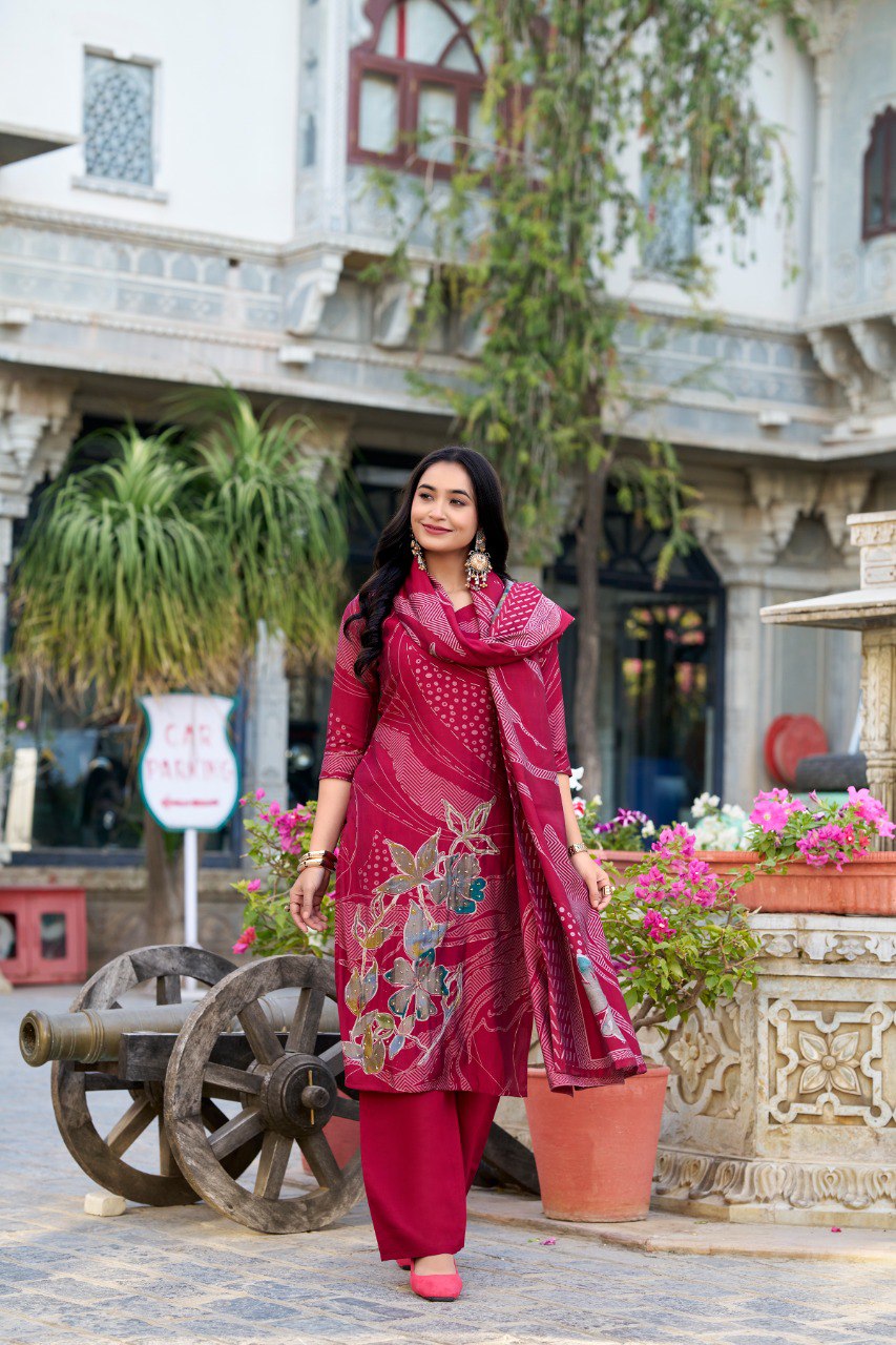 Roman Silk Salwar Suit Foral Print With Beets Handwork | Ready To Wear