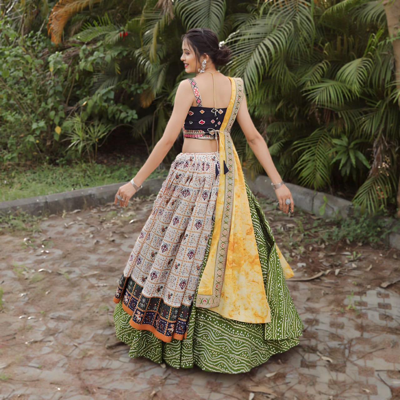 Multi Coloured Bandhej Patola Foil Print Lahenga Choli