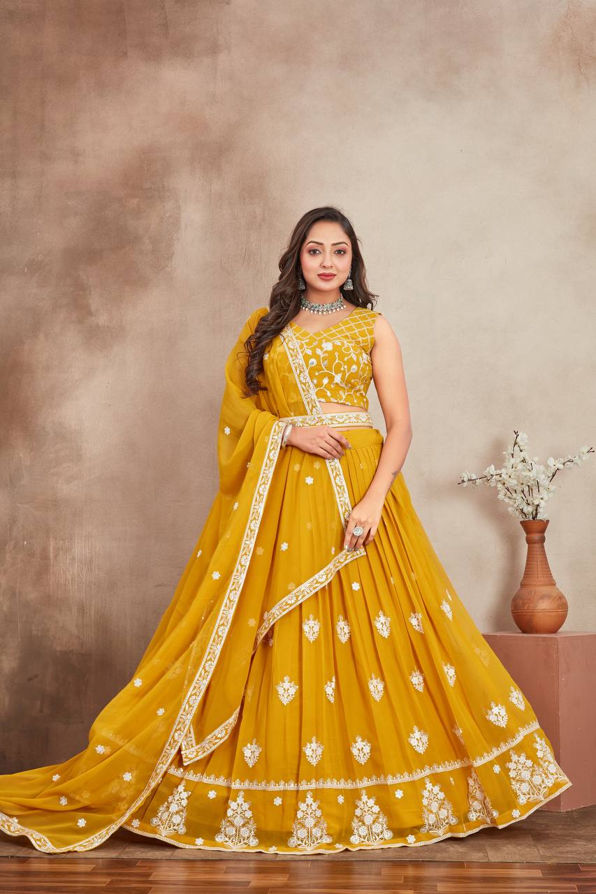 Beautiful Mustard Yellow Georgette Lehenga Choli With Embroidery Thread Work