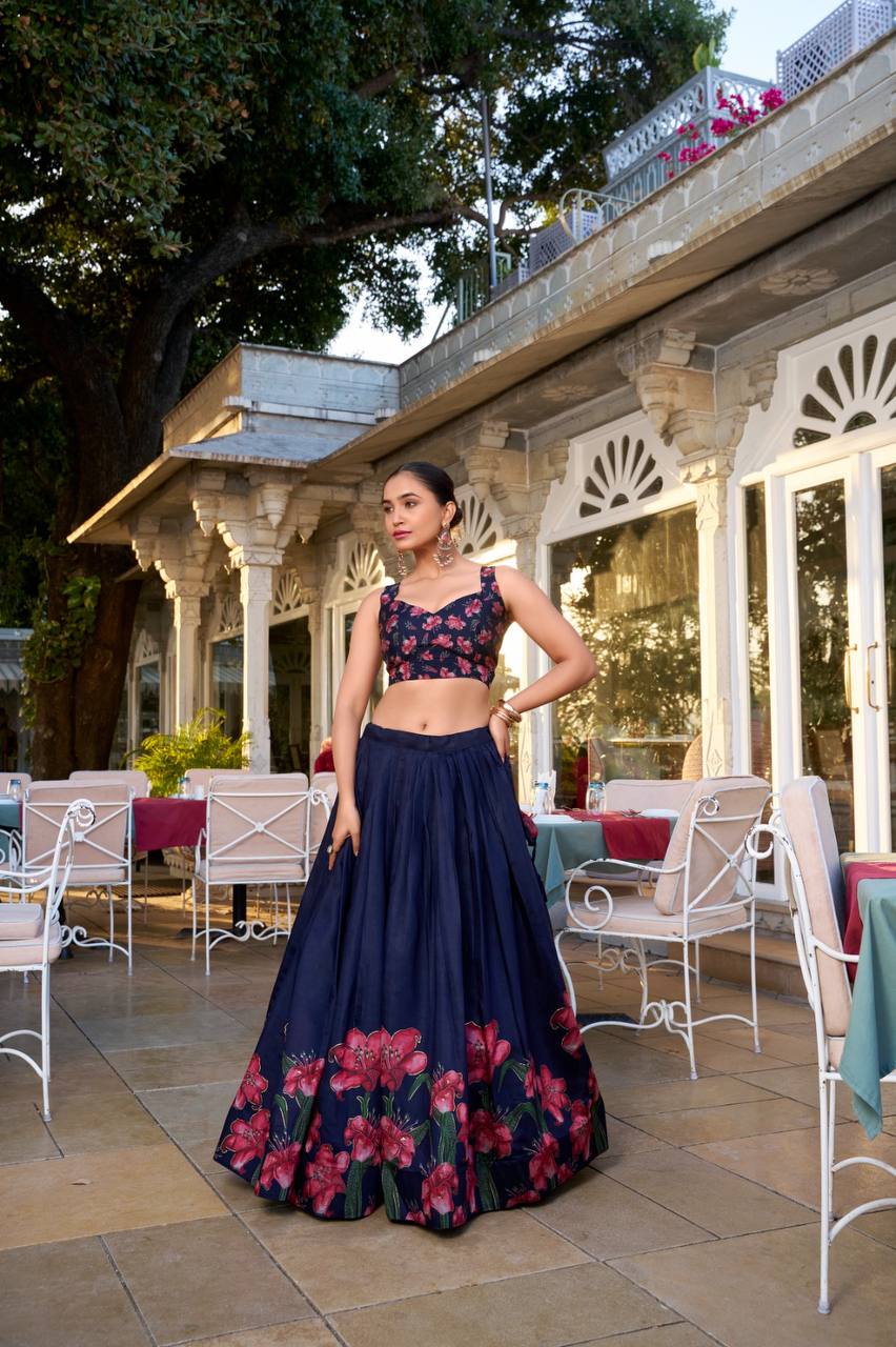 Beautiful Tussar Silk Lehenga With Floral Print And Foil Work | Ready To Wear