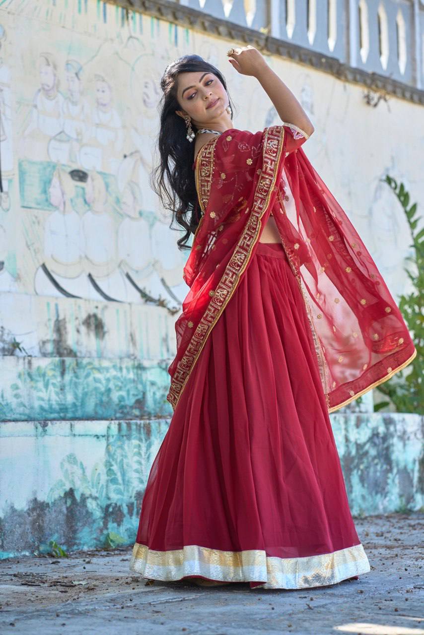 Classical Maroon Embroidery Lehenga Choli With Heavy Gorgette Work | Ready To Wear