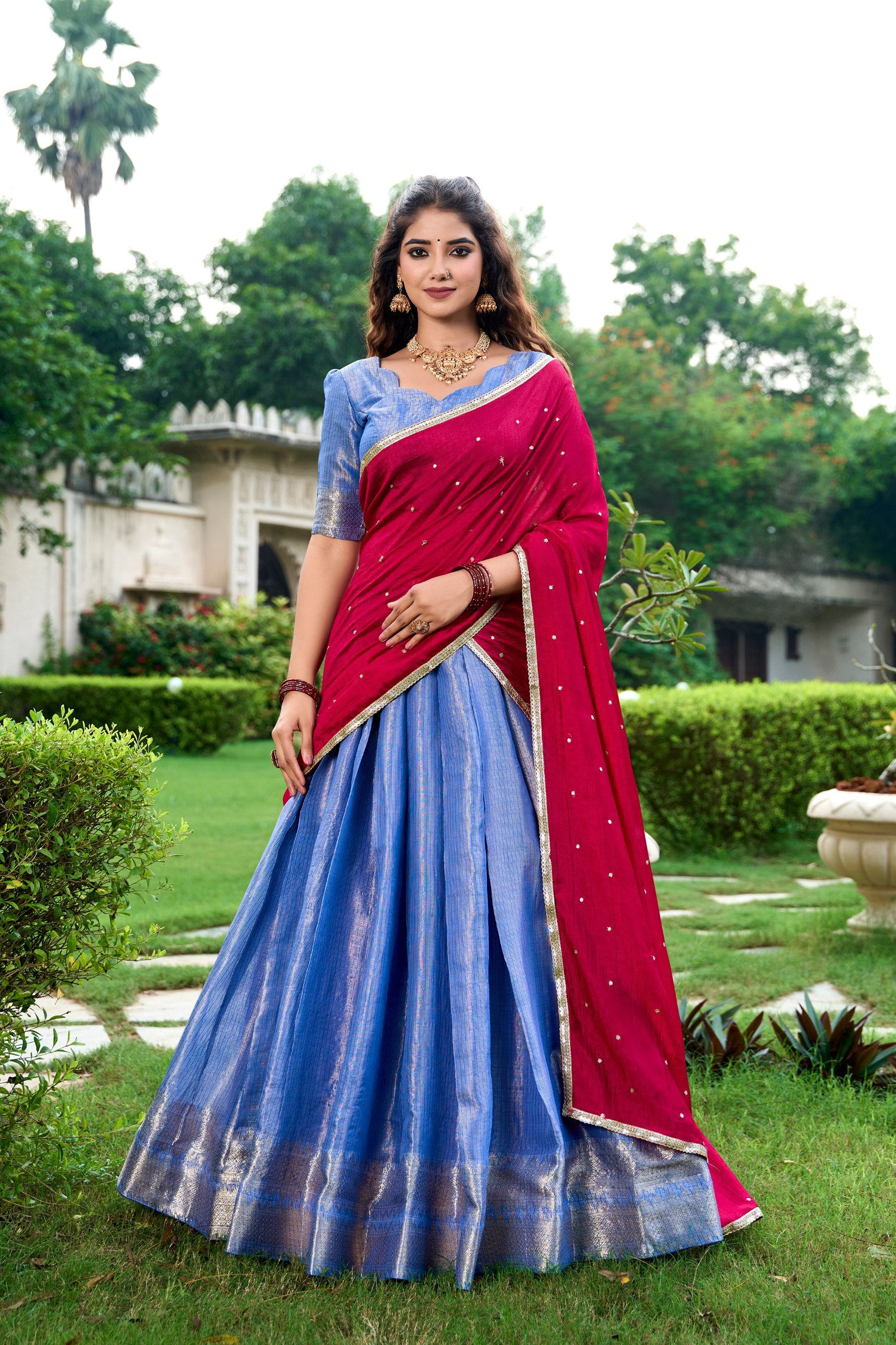 Kanchipuram Half saree  Multi color Easy to wear Ready to wear - India shopping