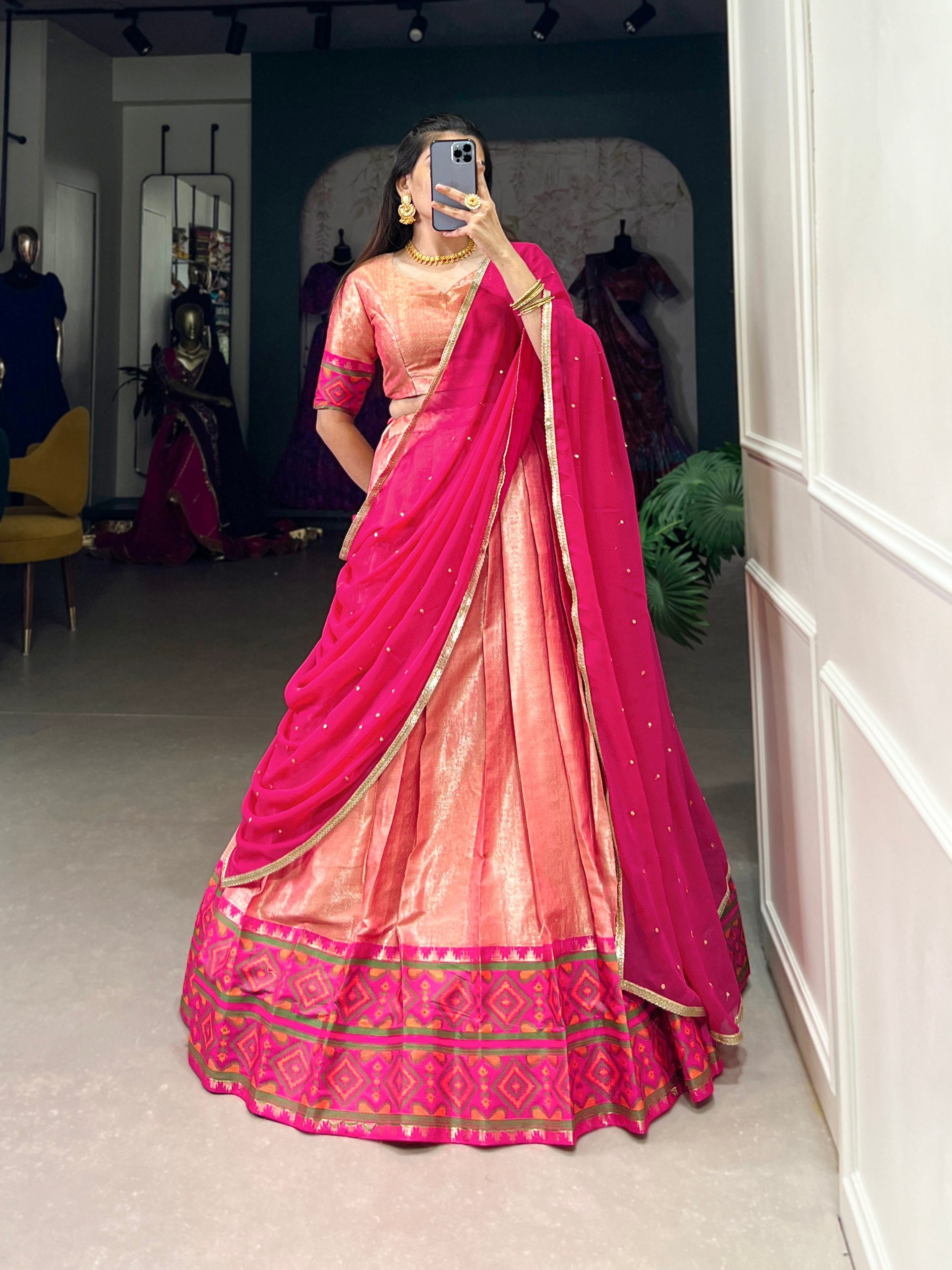 Jacquard Silk Lehenga Work : Weaving Work With Ikkat Kanjivaram