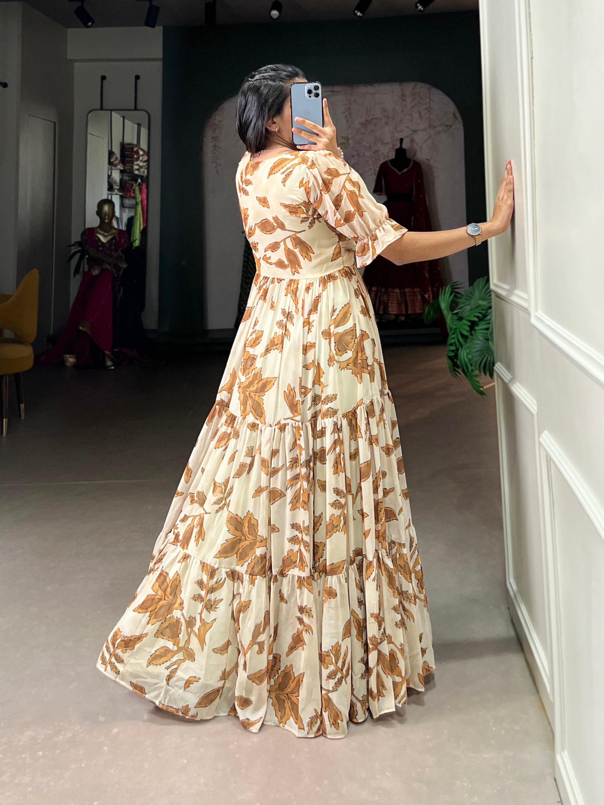 Beautilful Georgetter Gown With Brown Color Print | Ready To Wear