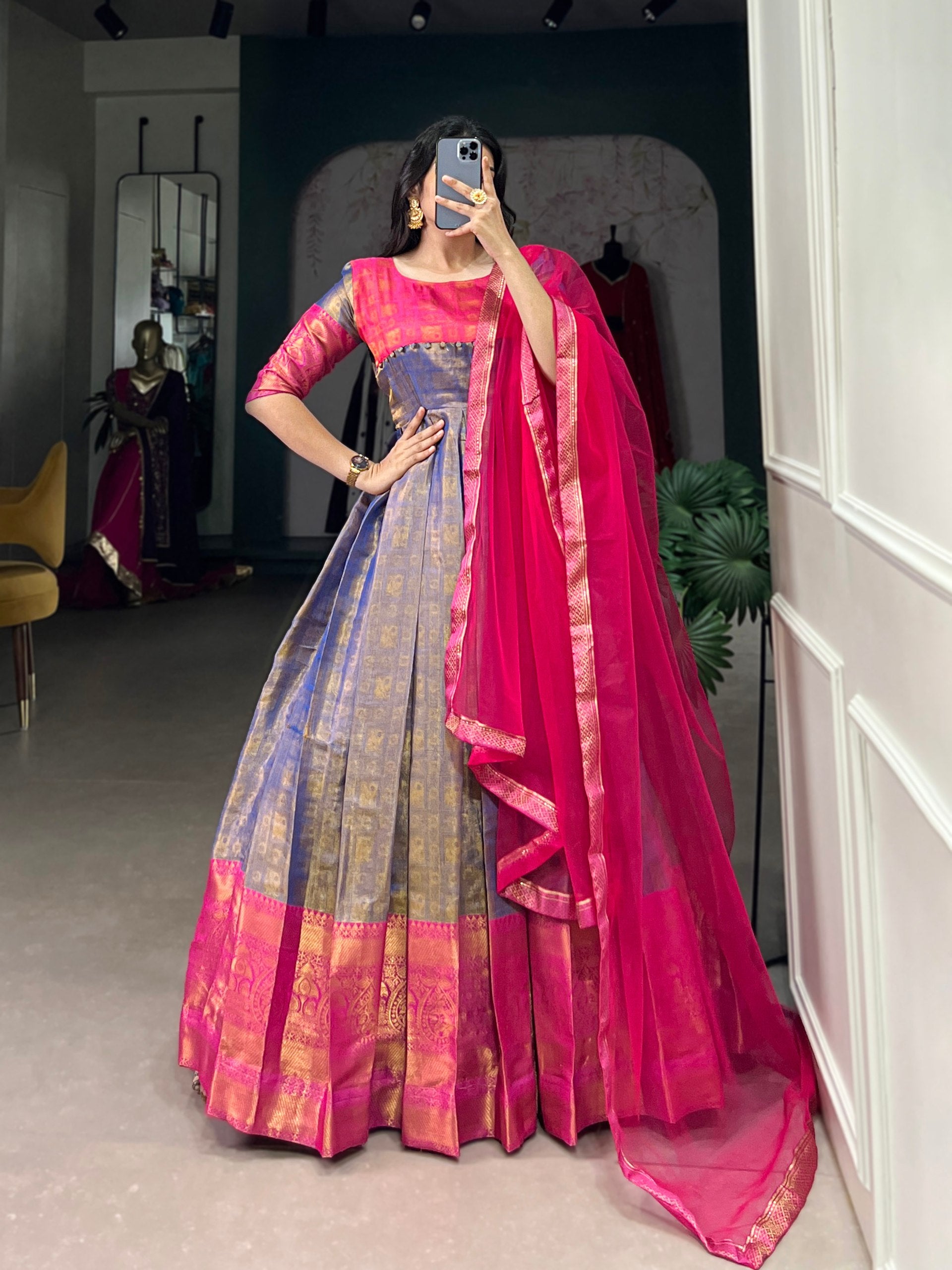 Traditional Kanjivaram Gown With Zari Weaving Work | Ready To Wear