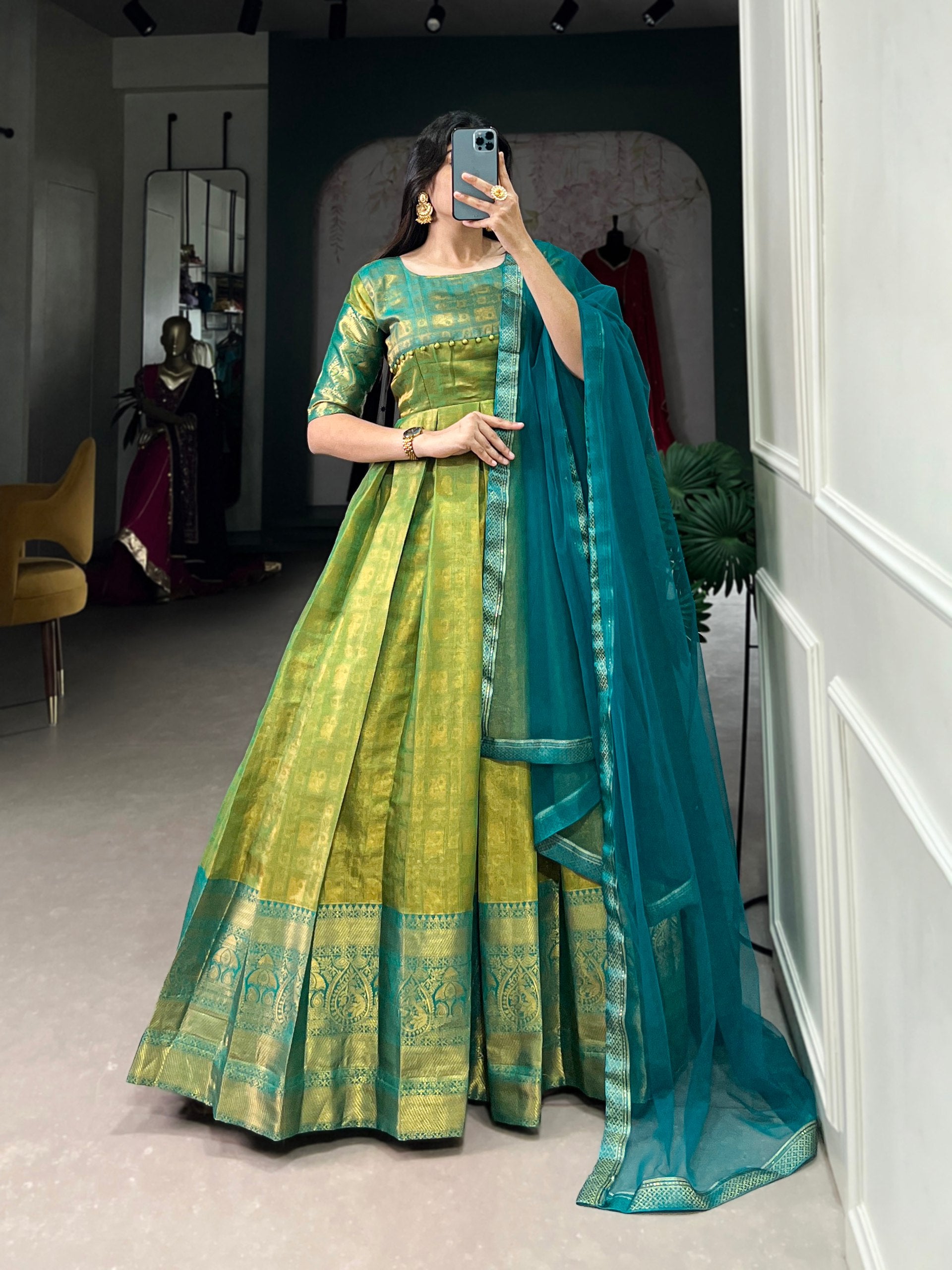 Traditional Kanjivaram Gown With Zari Weaving Work | Ready To Wear