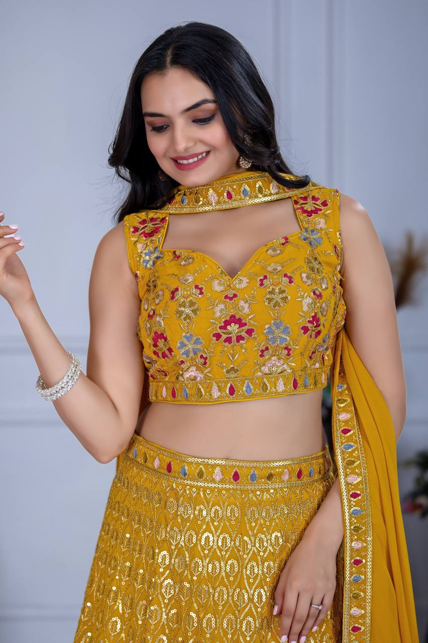Yellow Lehenga Choli With Multi Thread Sequence Work | Ready To Wear