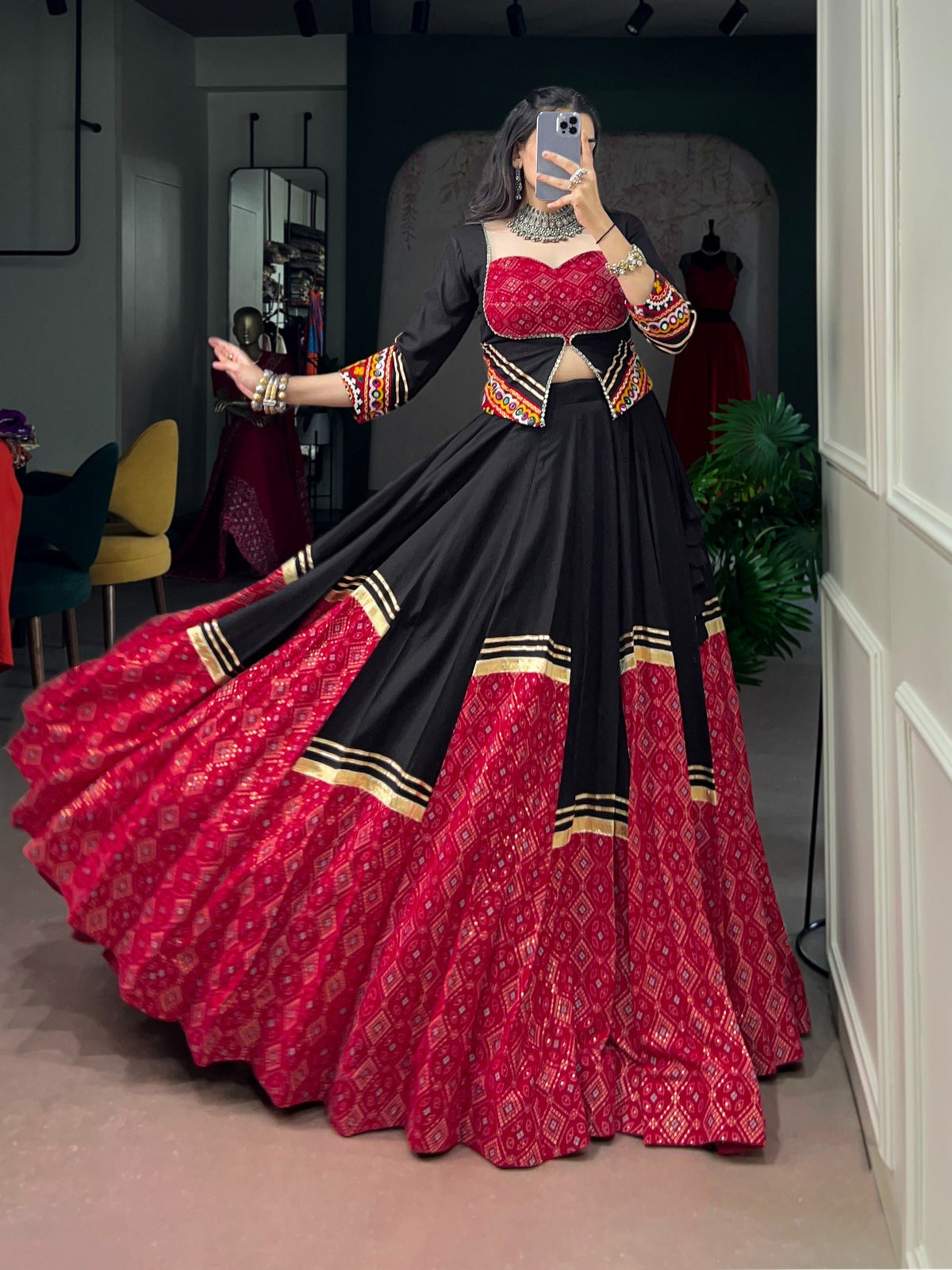 Ready-to-Wear Garba Glow Monga Silk Mirror Work Lehenga Choli