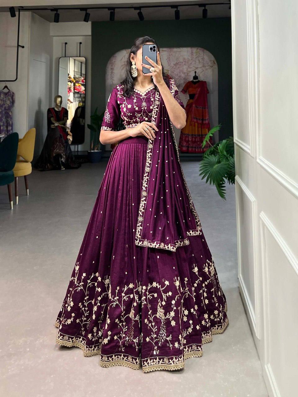 Raj Gharana:- Wine-Colored Vichitra Silk Lehenga Choli