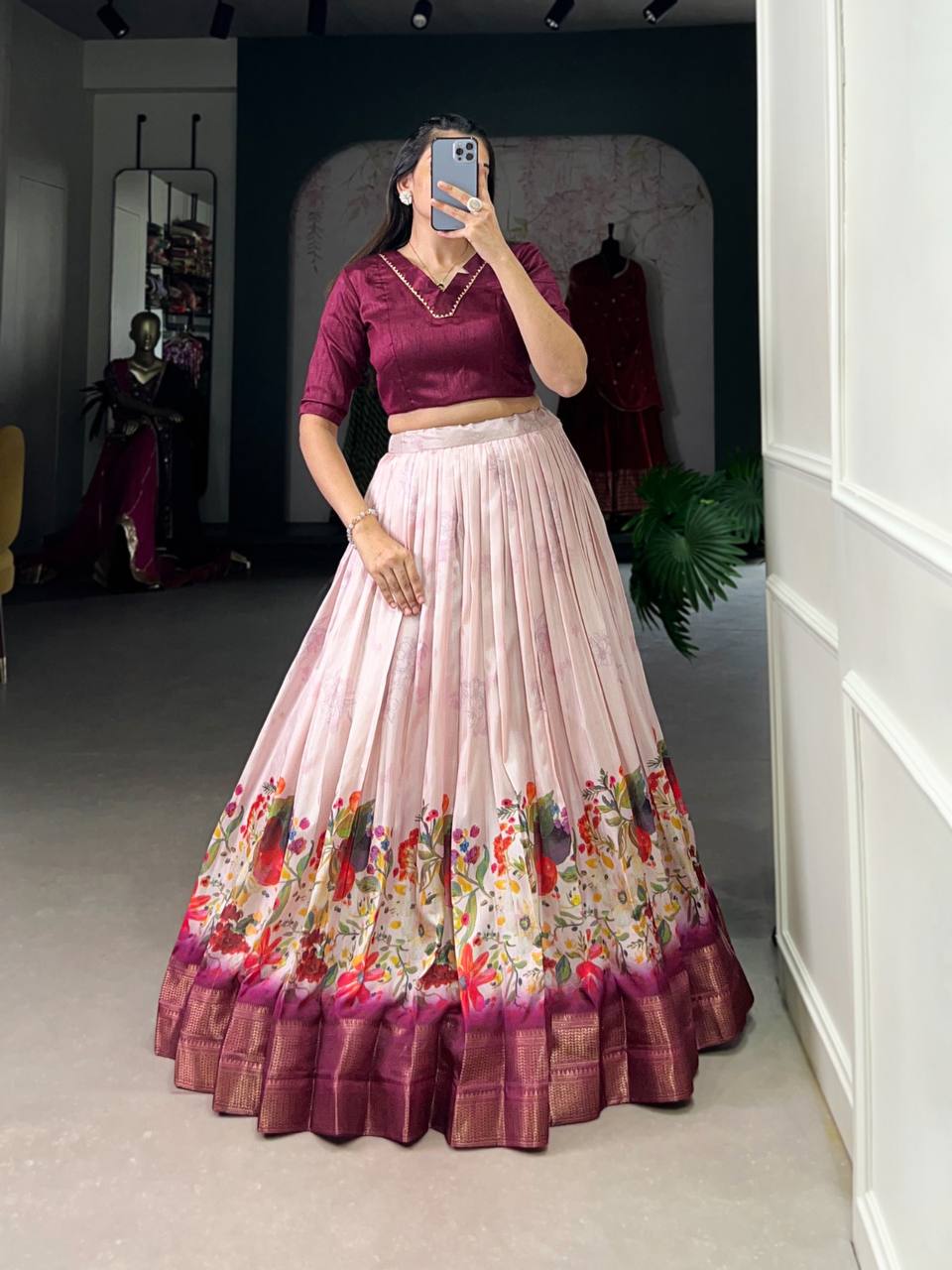 Cotton Silk Floral Print Lehenga With Banglory Blouse