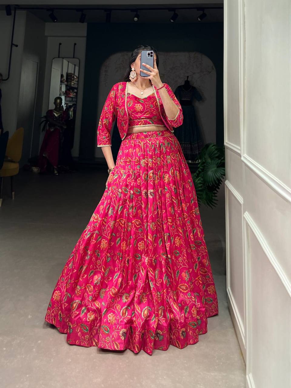 Red Tussar Silk Floral Print Wedding Lehenga With Blouse & Koti