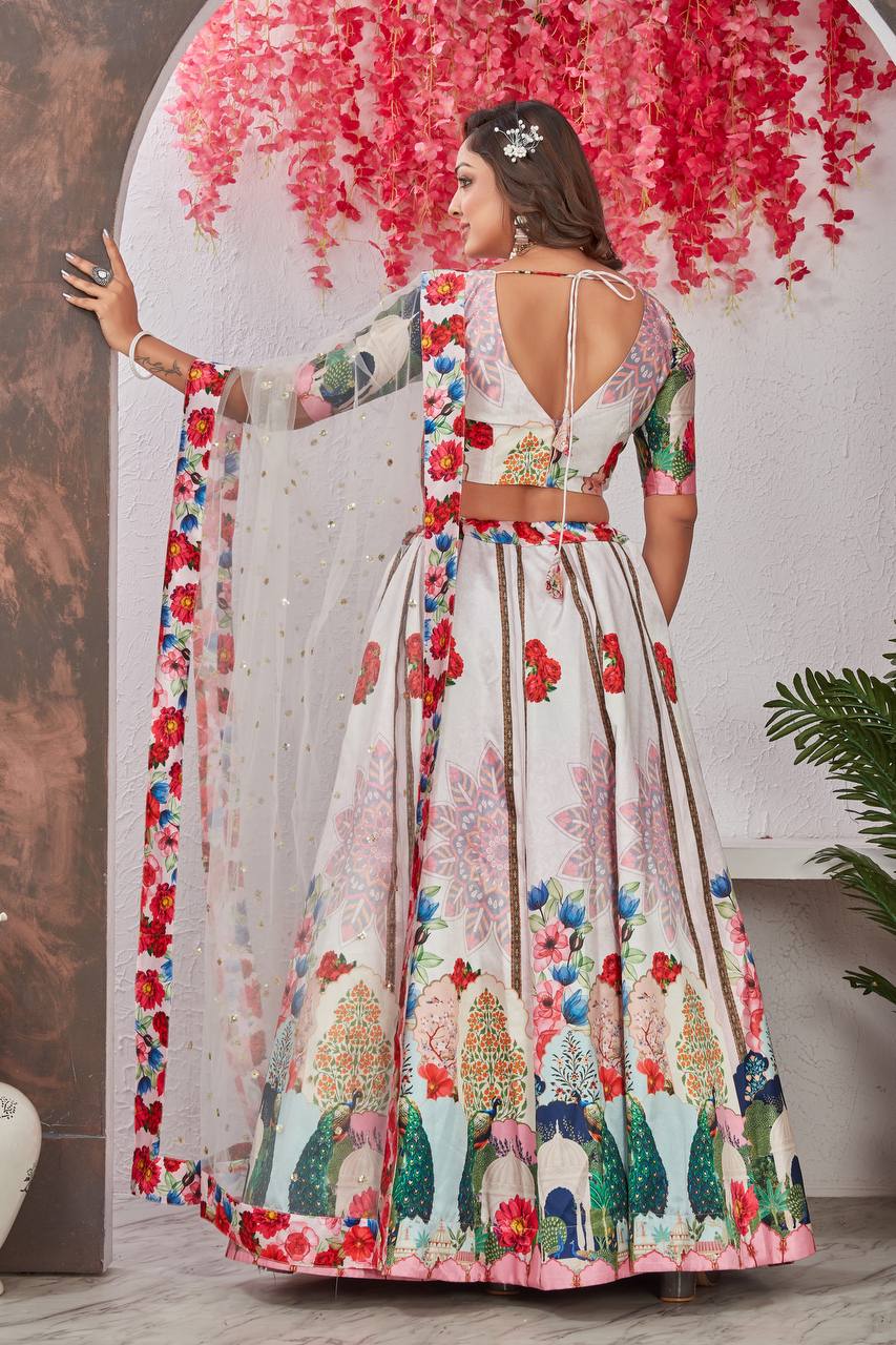 Off White Medonna Silk Vrundavan Lehenga Choli