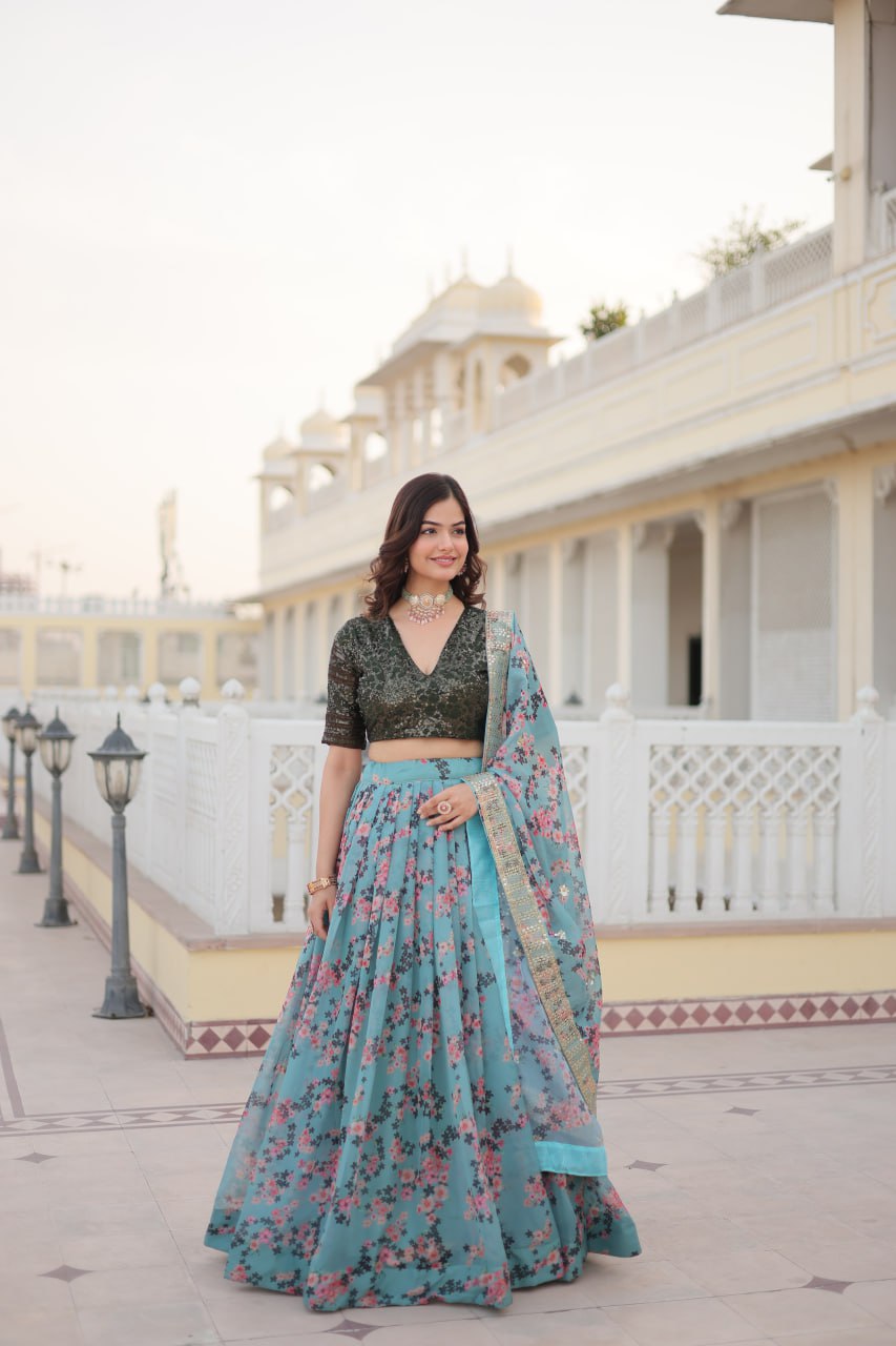 Sky Blue Premium Digital Printed Russian Silk Fabric Lehenga Choli