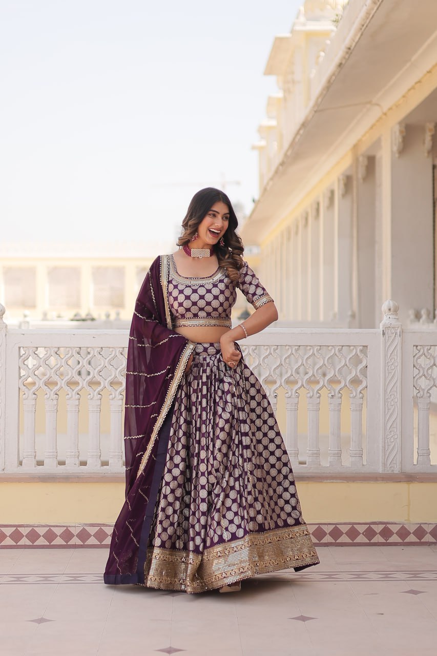 Pure Dyable Viscose Jacquard Lehenga Choli With Embroidered Sequins Work