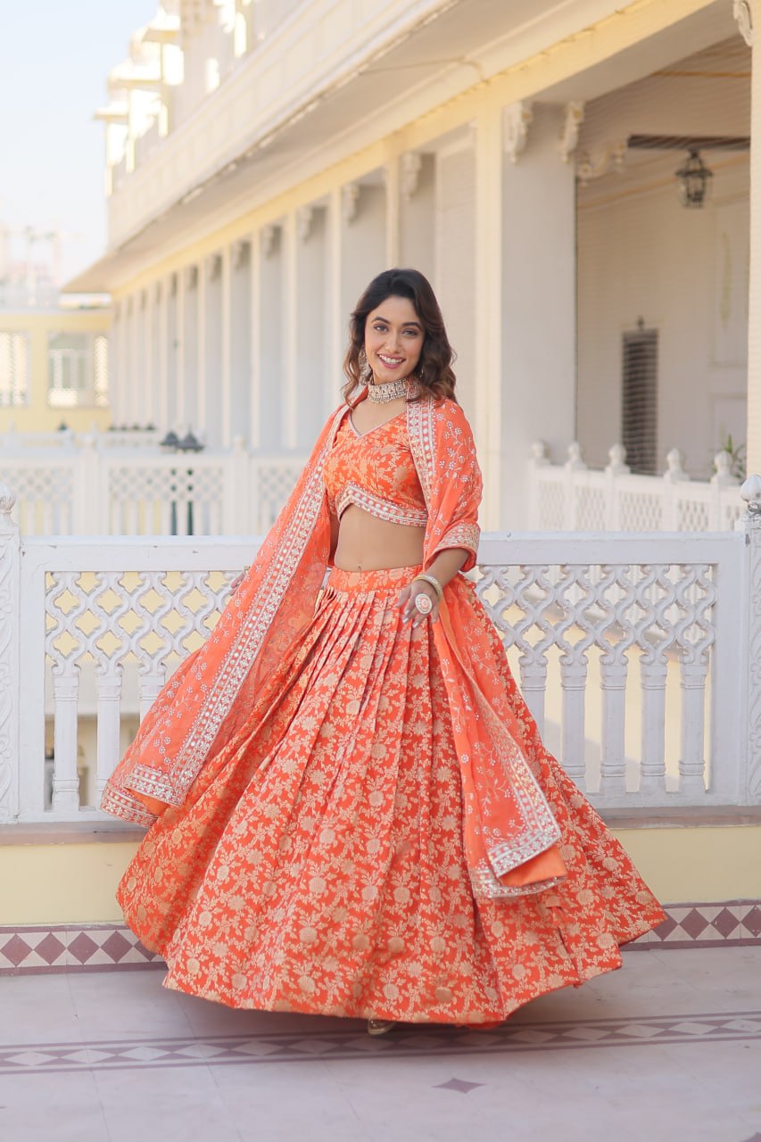 Designer Pure Dyable Viscose Jacquard Lehenga With Embroidered Sequins Work