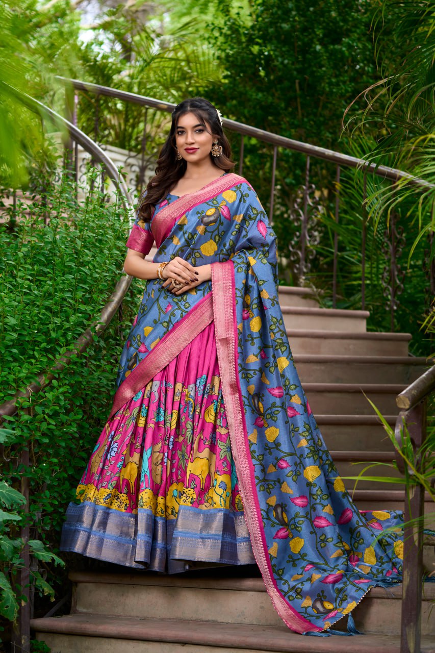 New Dola Silk Lehenga Choli Kalamkari Print With Zari Weaving Border | Ready To Wear