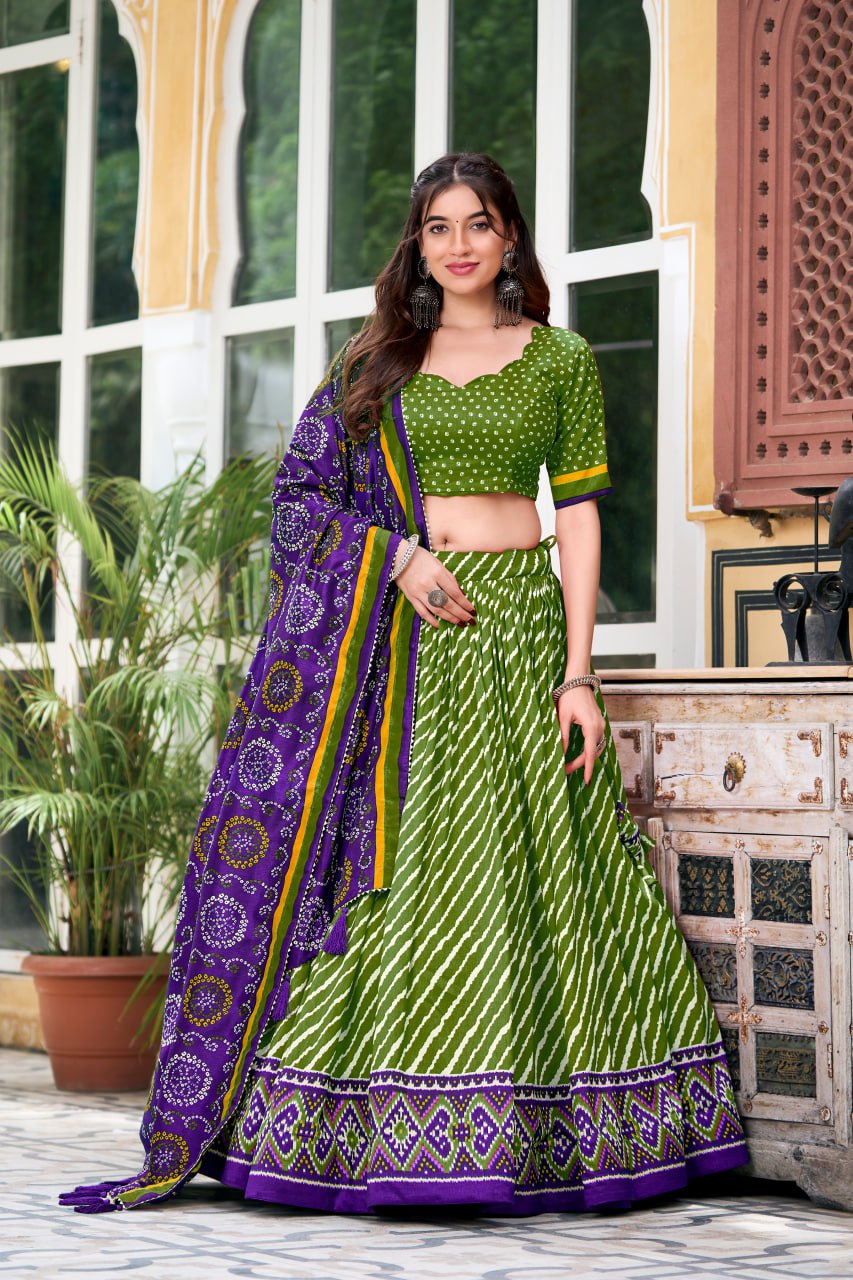 New Tussar Silk Lehenga Choli Leheriya With Patola Print Border  | Ready To Wear