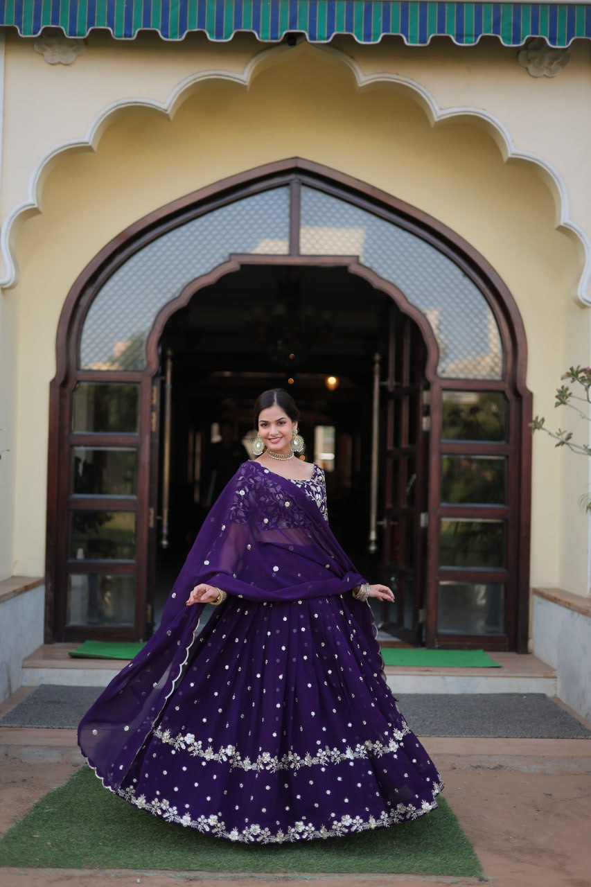 Purple Faux Blooming Georgette Lehenga With Heavy Sequins Embroidered Work