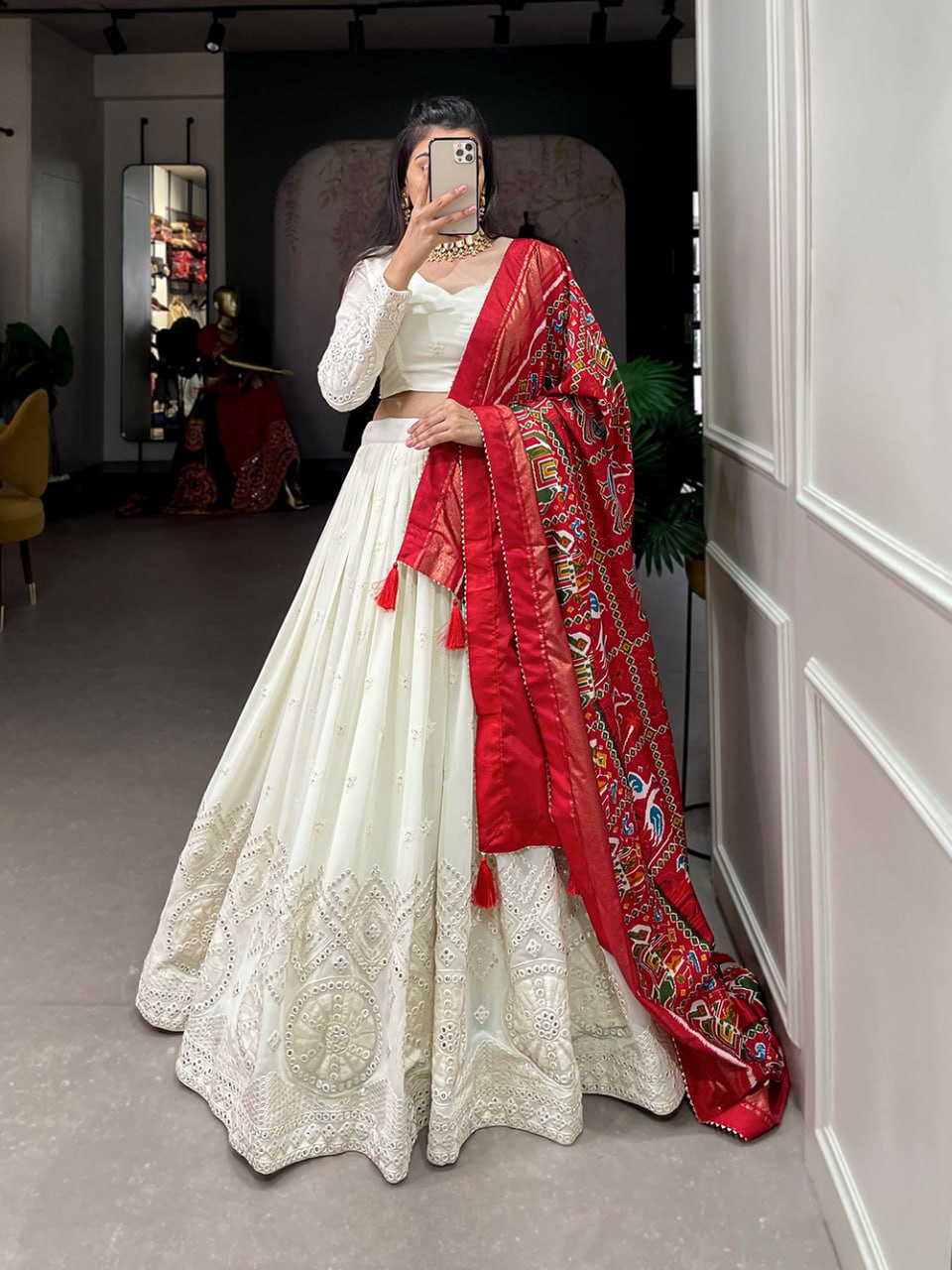 Pearl White Lucknowi Paper Mirror Work Lehenga Choli