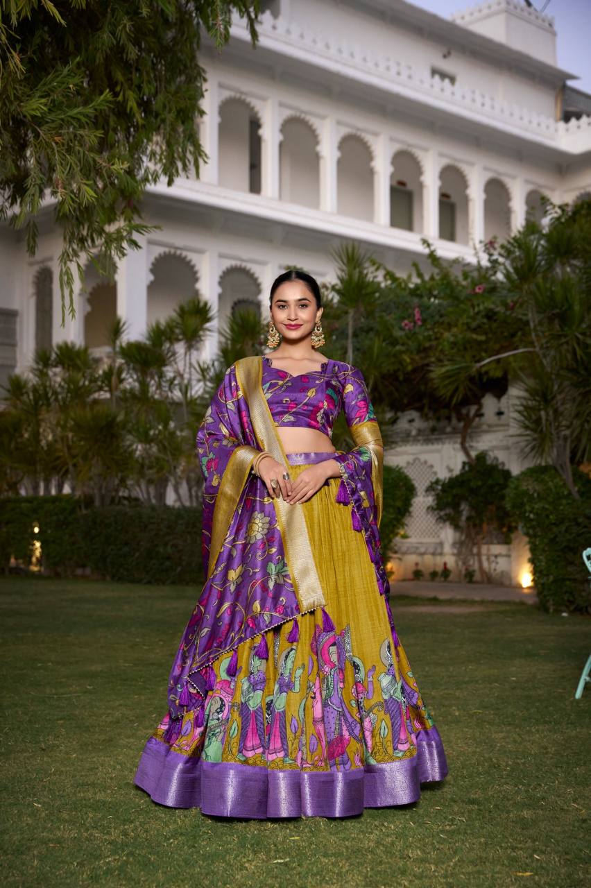 Wedding Lehenga Choli Printed Kalamkari With Zari Weaving Border | Ready To Wear