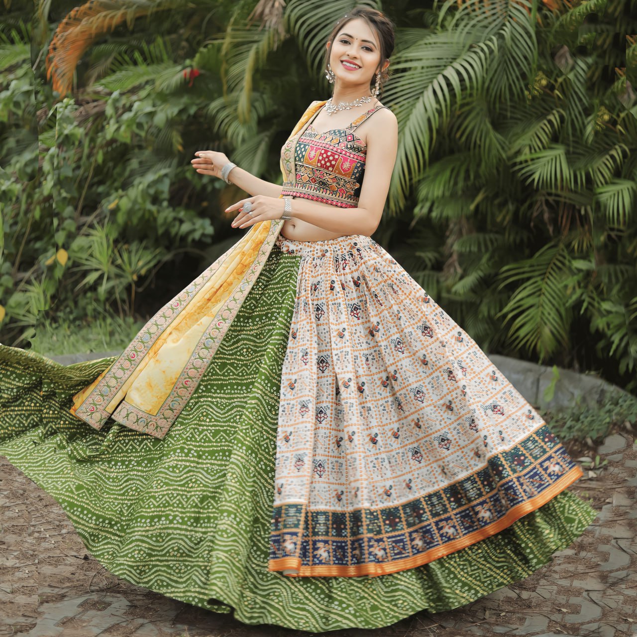 Multi Coloured Bandhej Patola Foil Print Lahenga Choli