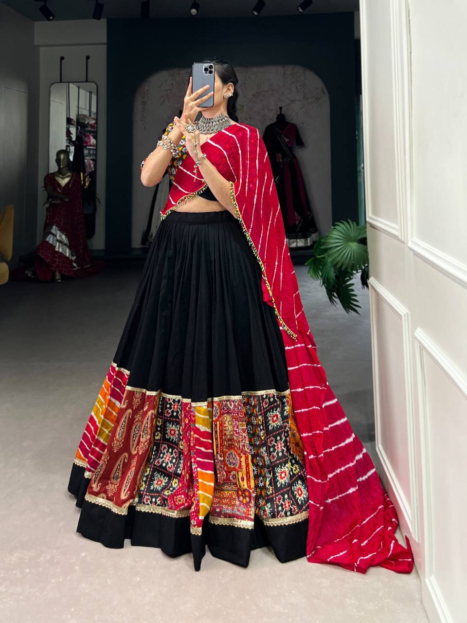 Alluring Black Plain And Printed With Original Mirror Gamthi Work | Navratri Collection September