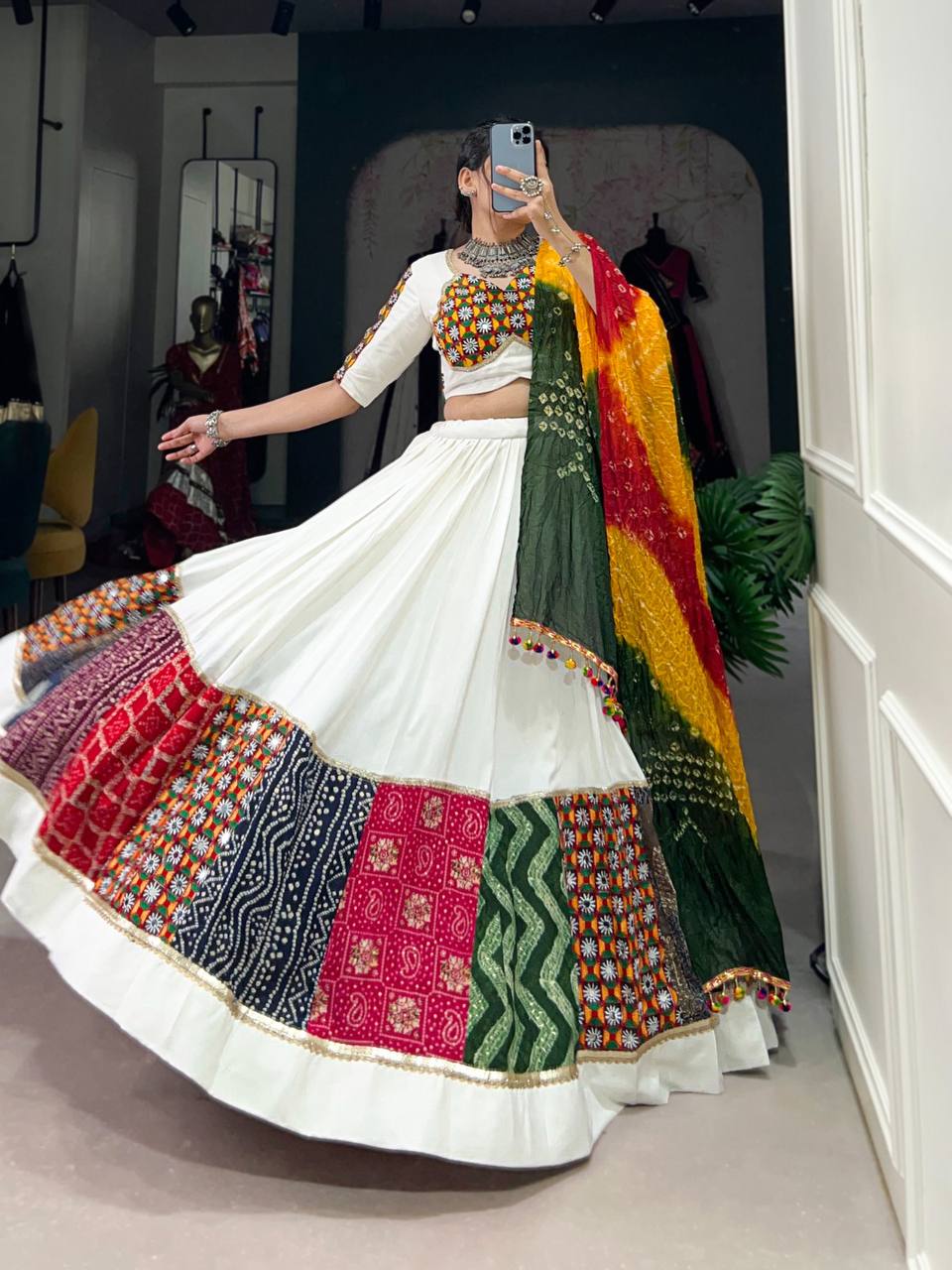 Plain And Printed With Original Mirror Gamthi Work - Alluring White for Garba Steps! - India shopping