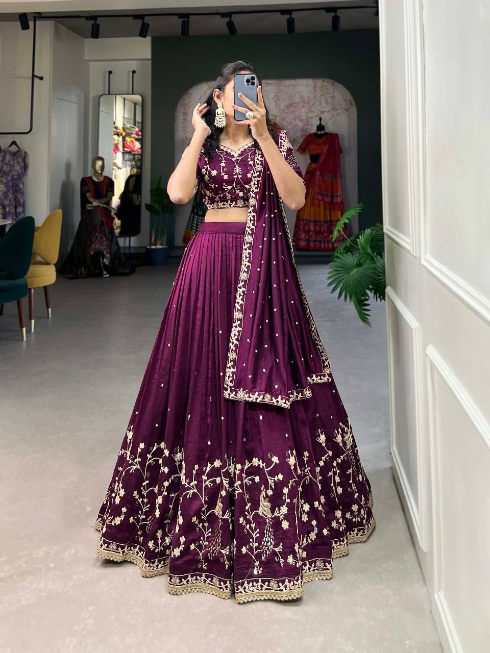 Raj Gharana:- Wine-Colored Vichitra Silk Lehenga Choli