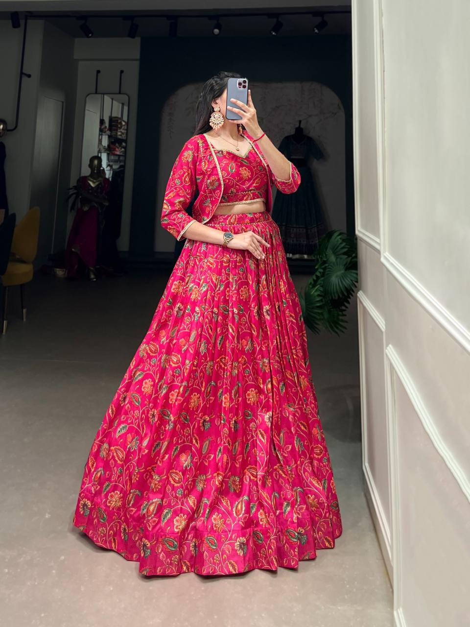 Red Tussar Silk Floral Print Wedding Lehenga With Blouse & Koti