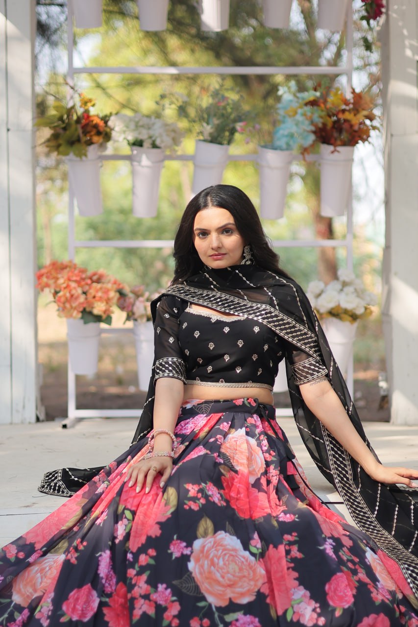 Black - Pink Digital Printed Faux Georgette Lehenga Choli With Heavy Sequins