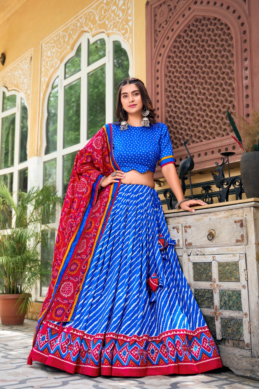 New Tussar Silk Lehenga Choli Leheriya With Patola Print Border  | Ready To Wear