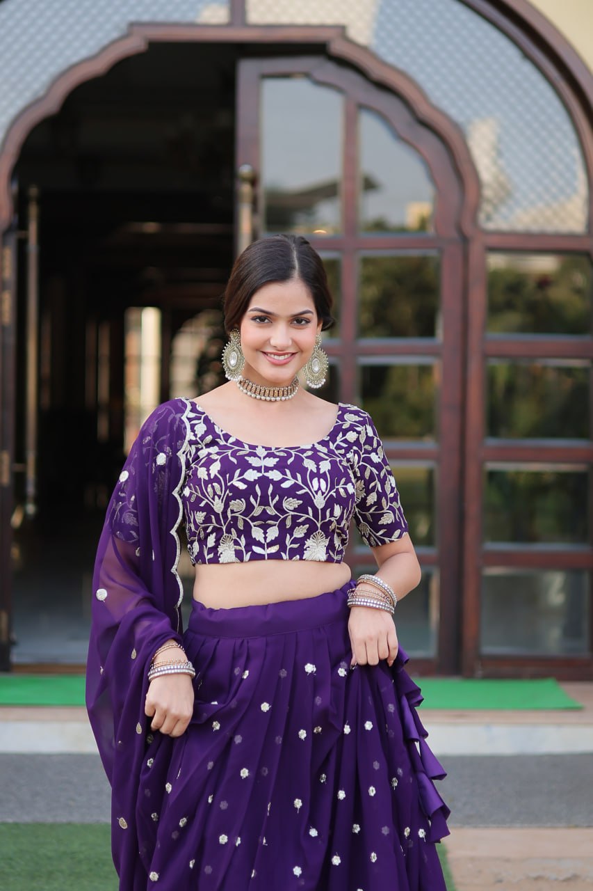 Purple Faux Blooming Georgette Lehenga With Heavy Sequins Embroidered Work