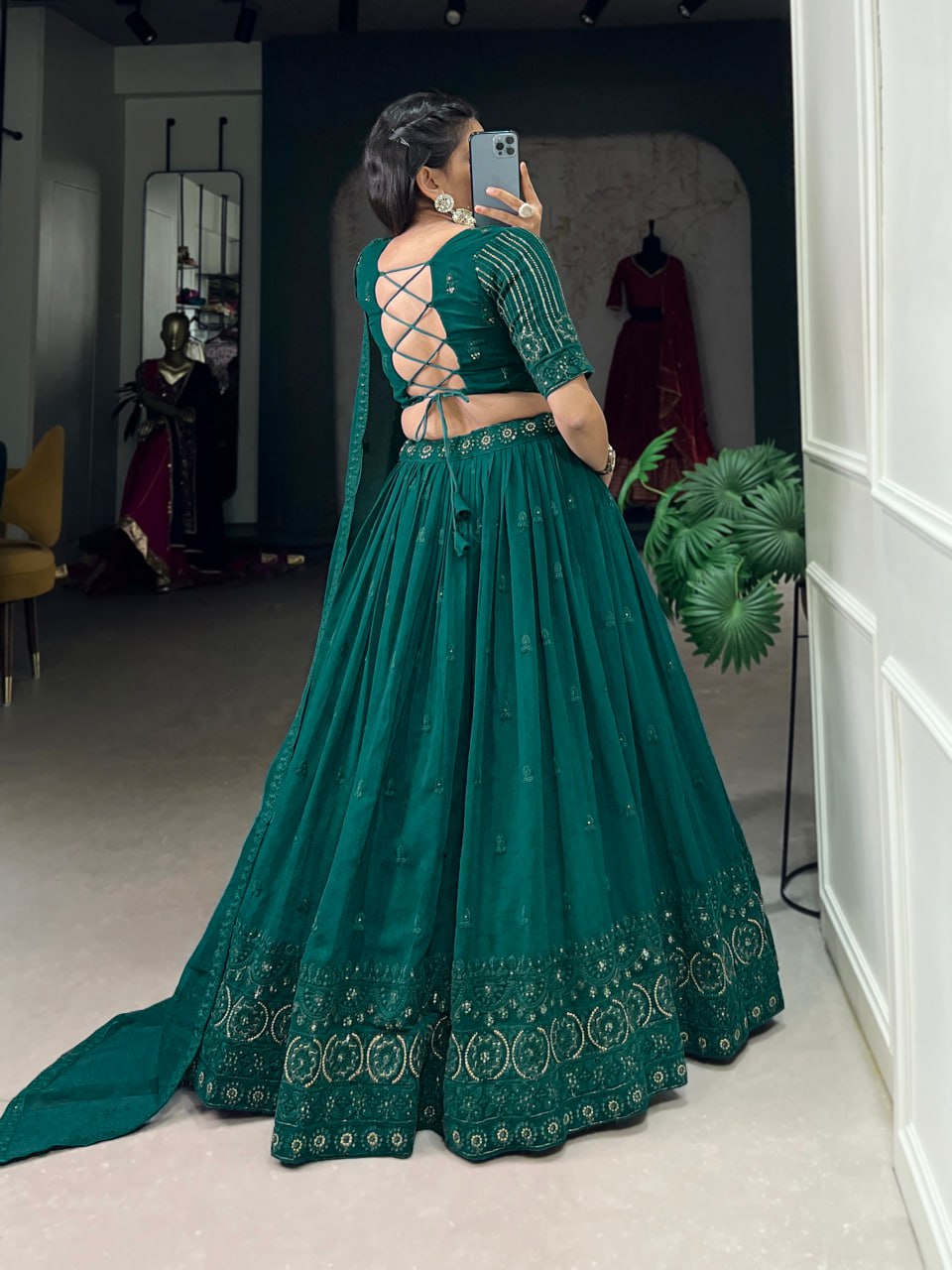 Green Georgette Sequins and Thread Embroidery Work Lehenga Choli