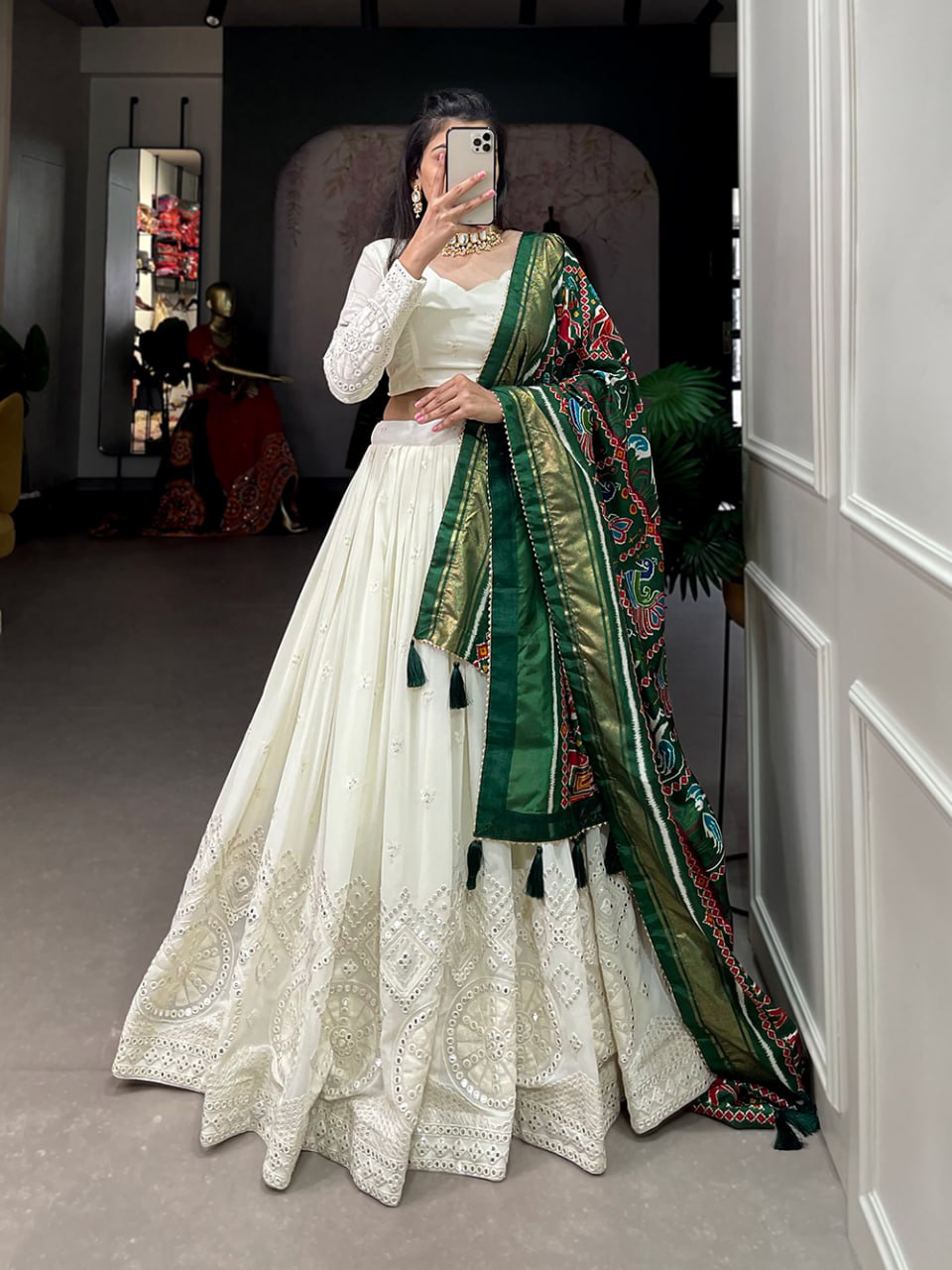 Pearl White Lucknowi Paper Mirror Work Lehenga Choli