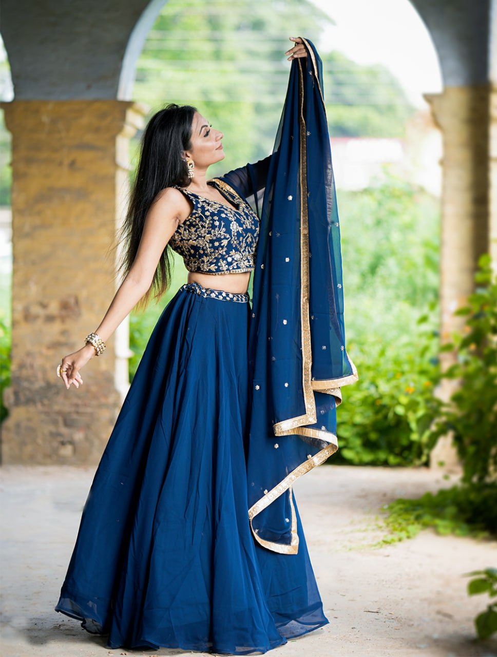 Navy Blue Georgette Sequins and Thread Embroidery Work Lehenga Choli