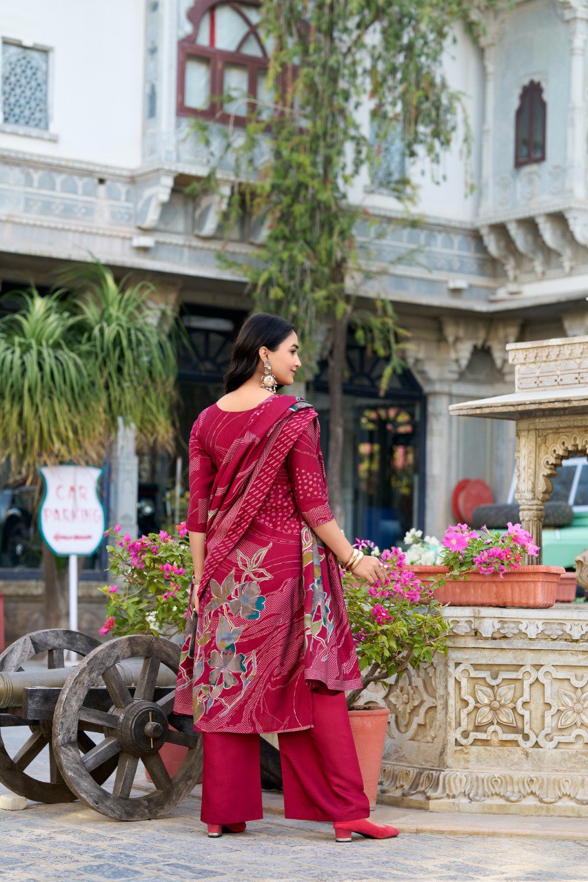 Roman Silk Salwar Suit Foral Print With Beets Handwork | Ready To Wear